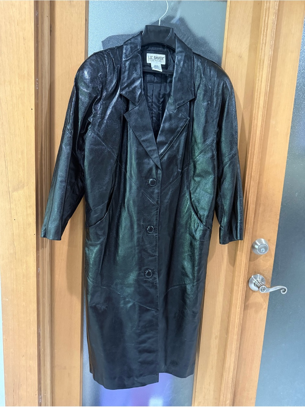 Vintage Classic Black Genuine Leather Long Coat - Size Petite Medium